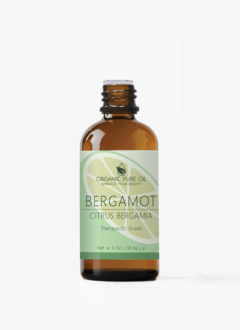 A bottle of aromatic Bergamot Essential Oil, known for its citrusy scent and therapeutic properties.