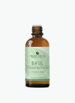 A bottle of Basil Essential Oil, a fragrant and therapeutic oil derived from basil leaves.